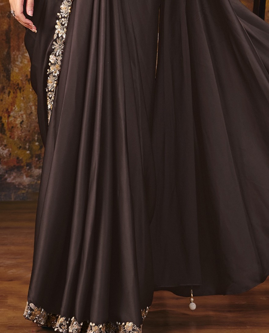 27114 - Deep Brown Embroidered Wedding Party Designer Saree